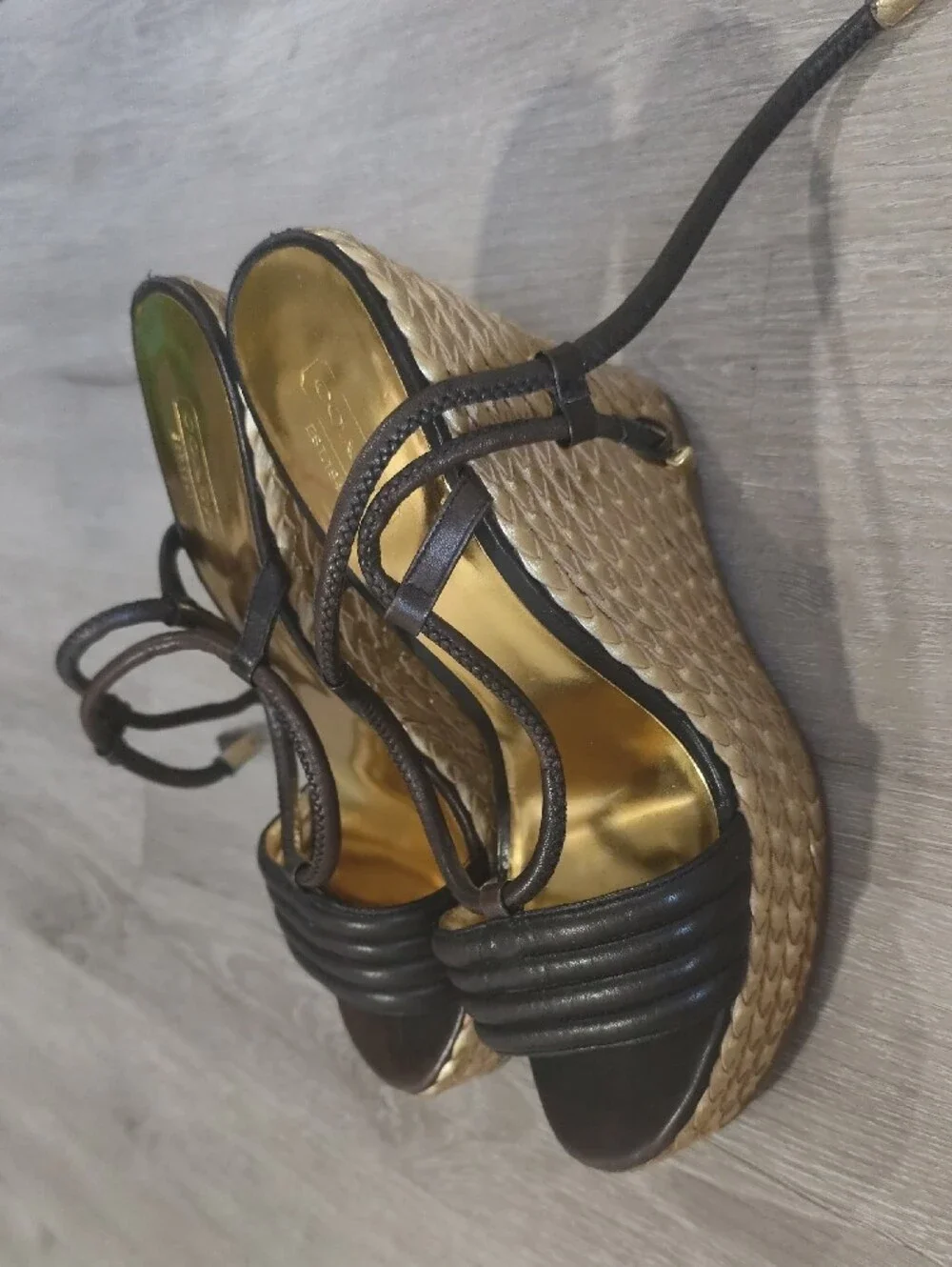 Coach Brown Leather Strappy Platform Heels with Gold Insole
